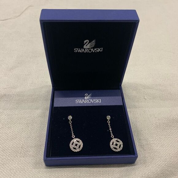NIB Swarovski Crystal Silver circle motif dangling drop earrings w/ certificate - Picture 4 of 4